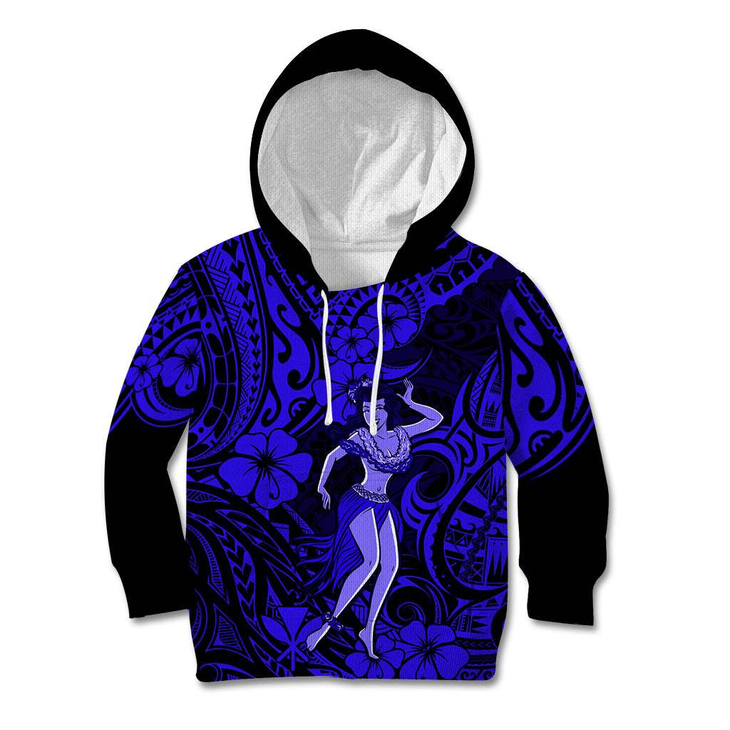Hawaii Hula Girl Kid Hoodie Polynesian Pattern Navy Blue Version LT01 Blue - Polynesian Pride