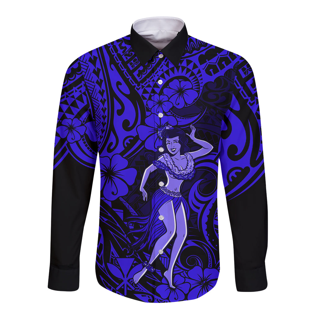 Hawaii Hula Girl Long Sleeve Button Shirt Polynesian Pattern Navy Blue Version LT01 Unisex Blue - Polynesian Pride