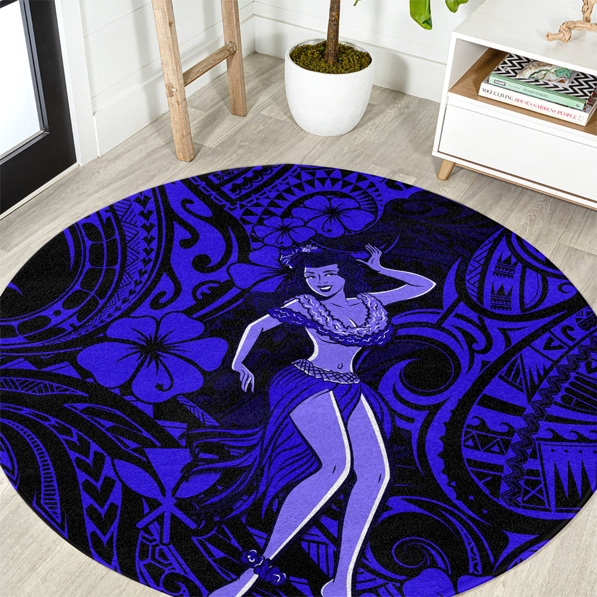 Hawaii Hula Girl Round Carpet Polynesian Pattern Navy Blue Version LT01 Blue - Polynesian Pride