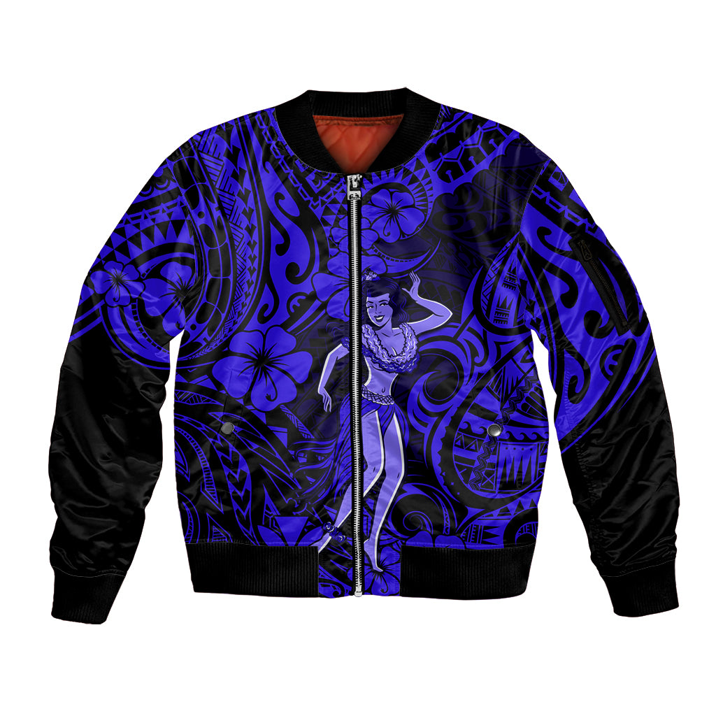 Hawaii Hula Girl Sleeve Zip Bomber Jacket Polynesian Pattern Navy Blue Version LT01 Unisex Blue - Polynesian Pride