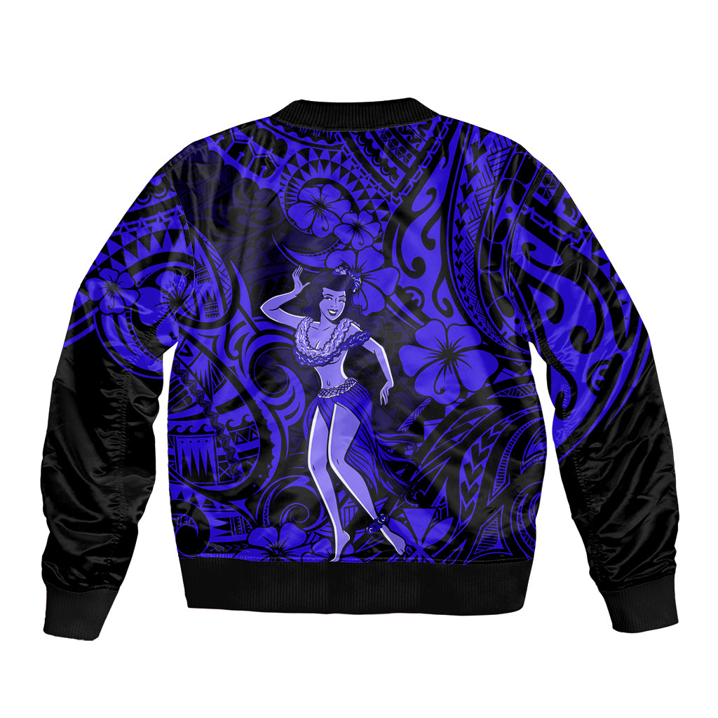 Hawaii Hula Girl Sleeve Zip Bomber Jacket Polynesian Pattern Navy Blue Version LT01 - Polynesian Pride