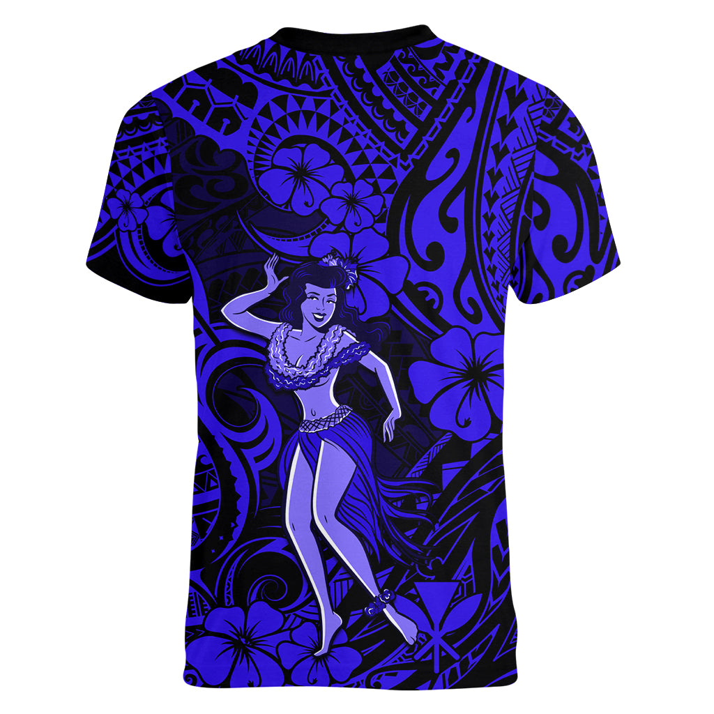 Hawaii Hula Girl Women V Neck T Shirt Polynesian Pattern Navy Blue Version LT01 - Polynesian Pride