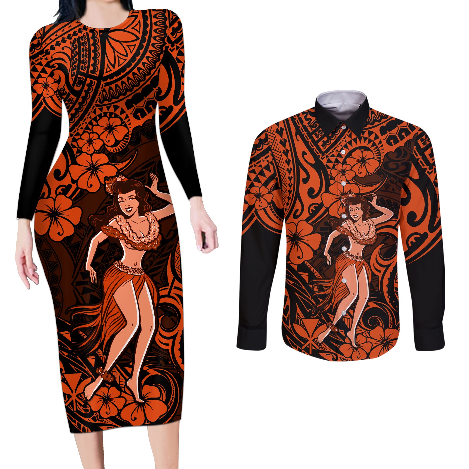 Hawaii Hula Girl Couples Matching Long Sleeve Bodycon Dress and Long Sleeve Button Shirts Polynesian Pattern Orange Version LT01 Orange - Polynesian Pride