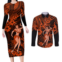 Hawaii Hula Girl Couples Matching Long Sleeve Bodycon Dress and Long Sleeve Button Shirts Polynesian Pattern Orange Version LT01 Orange - Polynesian Pride