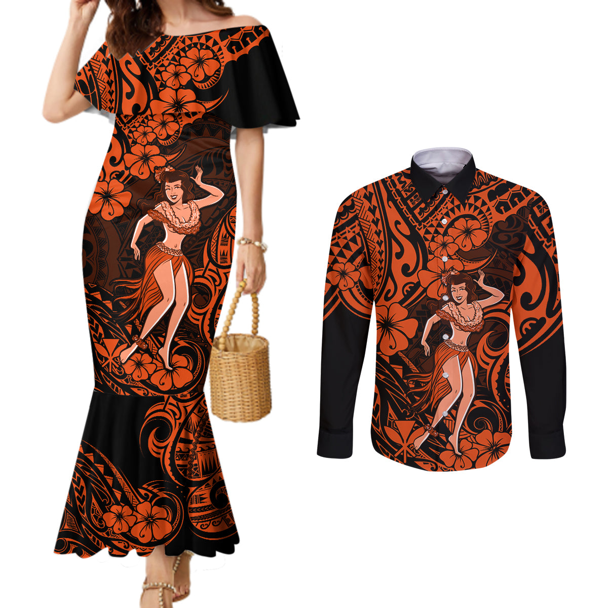 Hawaii Hula Girl Couples Matching Mermaid Dress and Long Sleeve Button Shirts Polynesian Pattern Orange Version LT01 Orange - Polynesian Pride