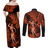 Hawaii Hula Girl Couples Matching Off Shoulder Maxi Dress and Long Sleeve Button Shirts Polynesian Pattern Orange Version LT01 - Polynesian Pride