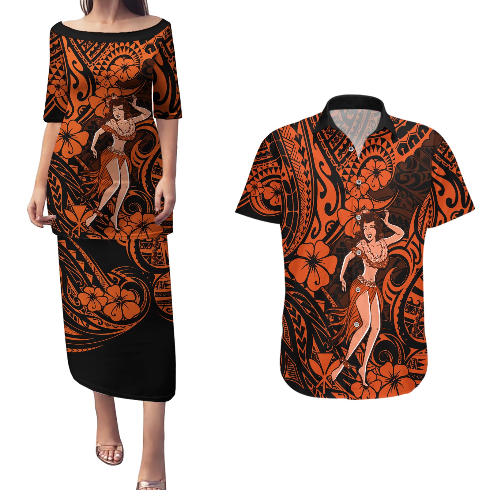 Hawaii Hula Girl Couples Matching Puletasi Dress and Hawaiian Shirt Polynesian Pattern Orange Version LT01 Orange - Polynesian Pride