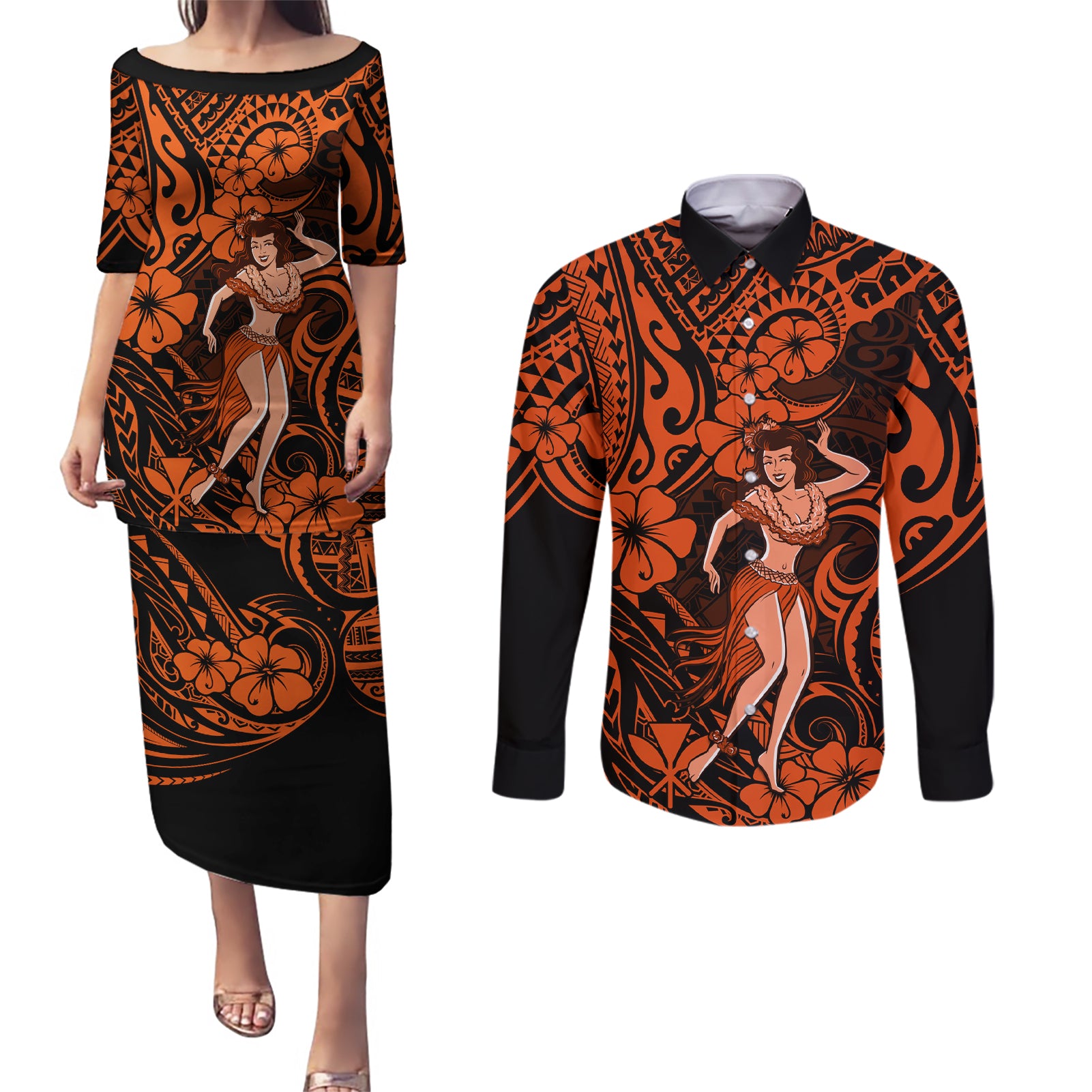 Hawaii Hula Girl Couples Matching Puletasi Dress and Long Sleeve Button Shirts Polynesian Pattern Orange Version LT01 Orange - Polynesian Pride
