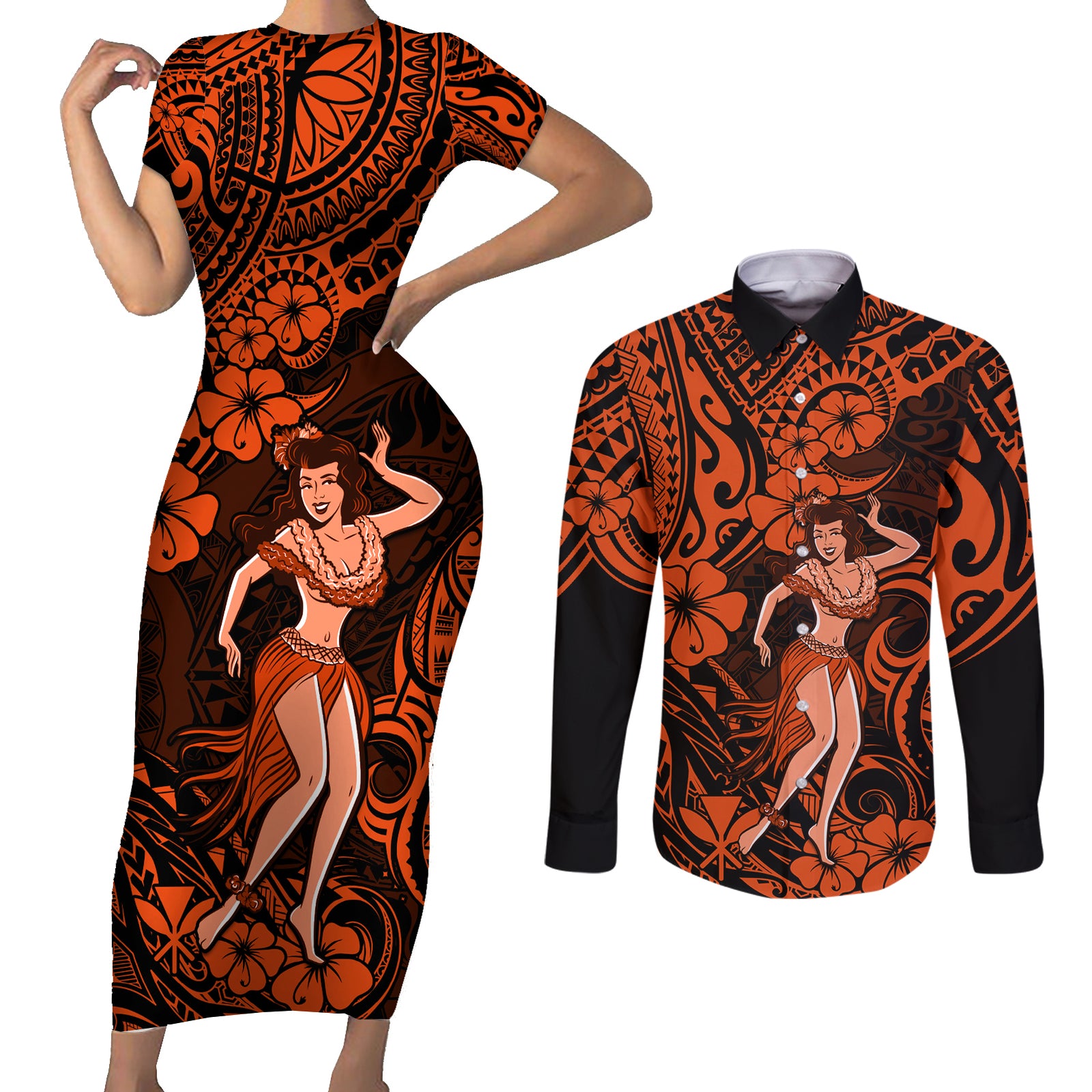Hawaii Hula Girl Couples Matching Short Sleeve Bodycon Dress and Long Sleeve Button Shirts Polynesian Pattern Orange Version LT01 Orange - Polynesian Pride