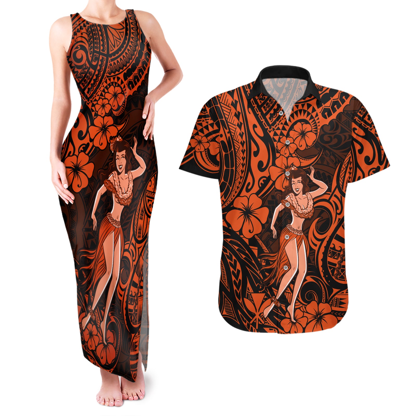 Hawaii Hula Girl Couples Matching Tank Maxi Dress and Hawaiian Shirt Polynesian Pattern Orange Version LT01 Orange - Polynesian Pride