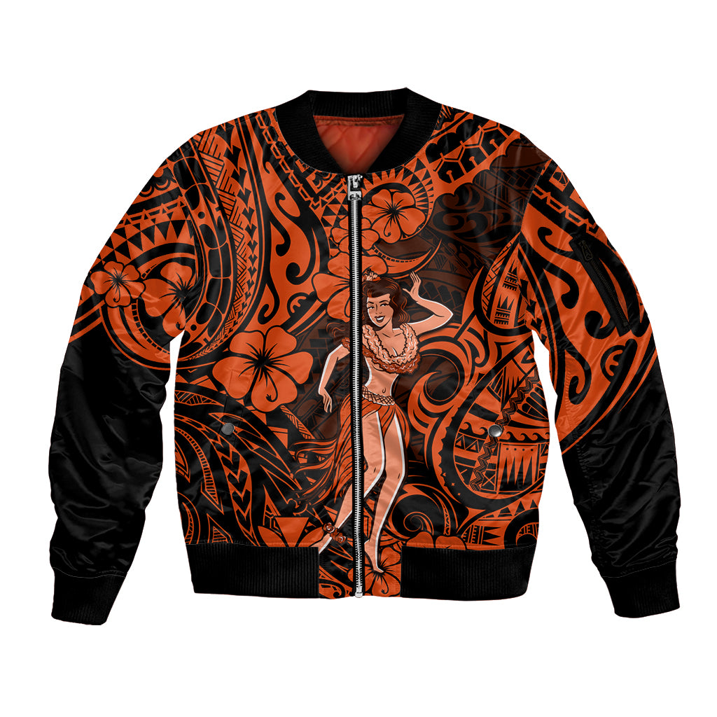 Hawaii Hula Girl Sleeve Zip Bomber Jacket Polynesian Pattern Orange Version LT01 Unisex Orange - Polynesian Pride