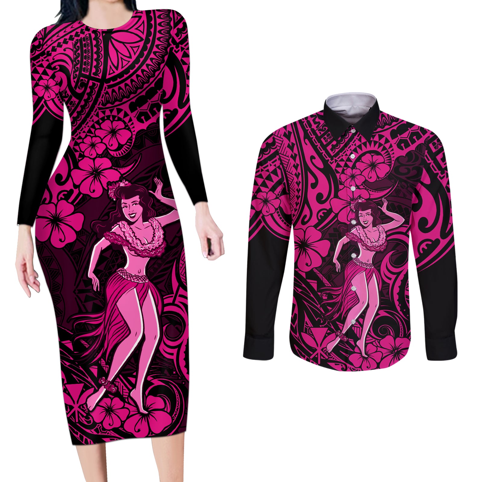 Hawaii Hula Girl Couples Matching Long Sleeve Bodycon Dress and Long Sleeve Button Shirts Polynesian Pattern Pink Version LT01 Pink - Polynesian Pride