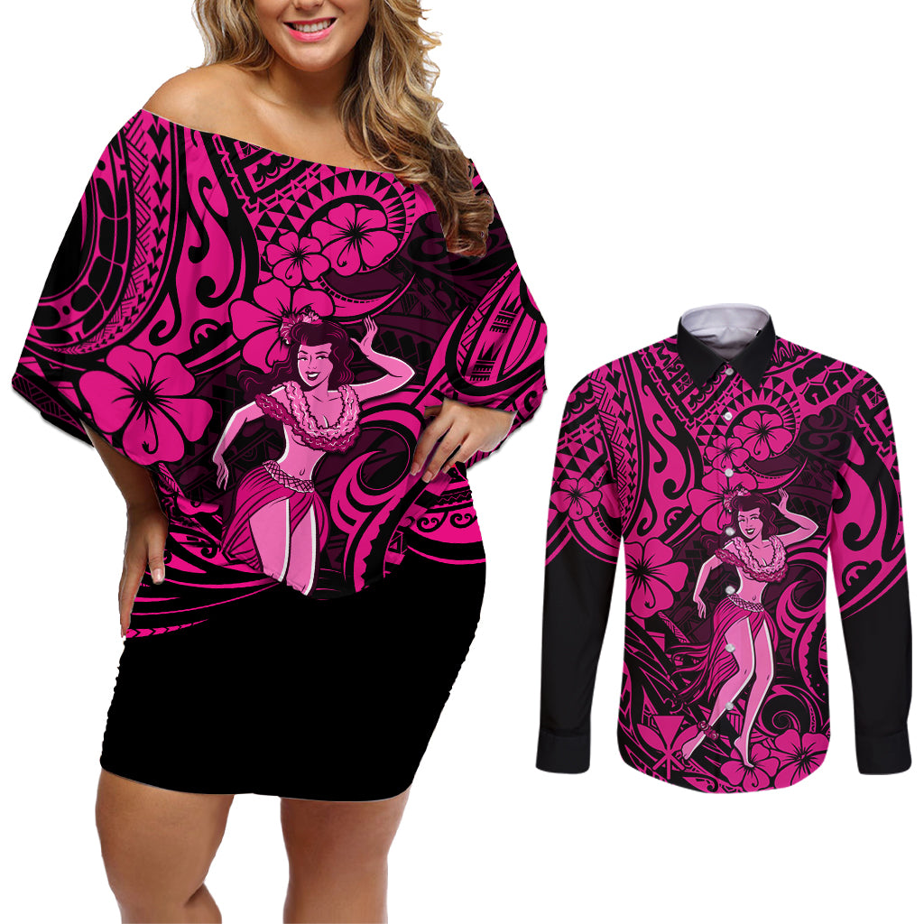 Hawaii Hula Girl Couples Matching Off Shoulder Short Dress and Long Sleeve Button Shirts Polynesian Pattern Pink Version LT01 Pink - Polynesian Pride