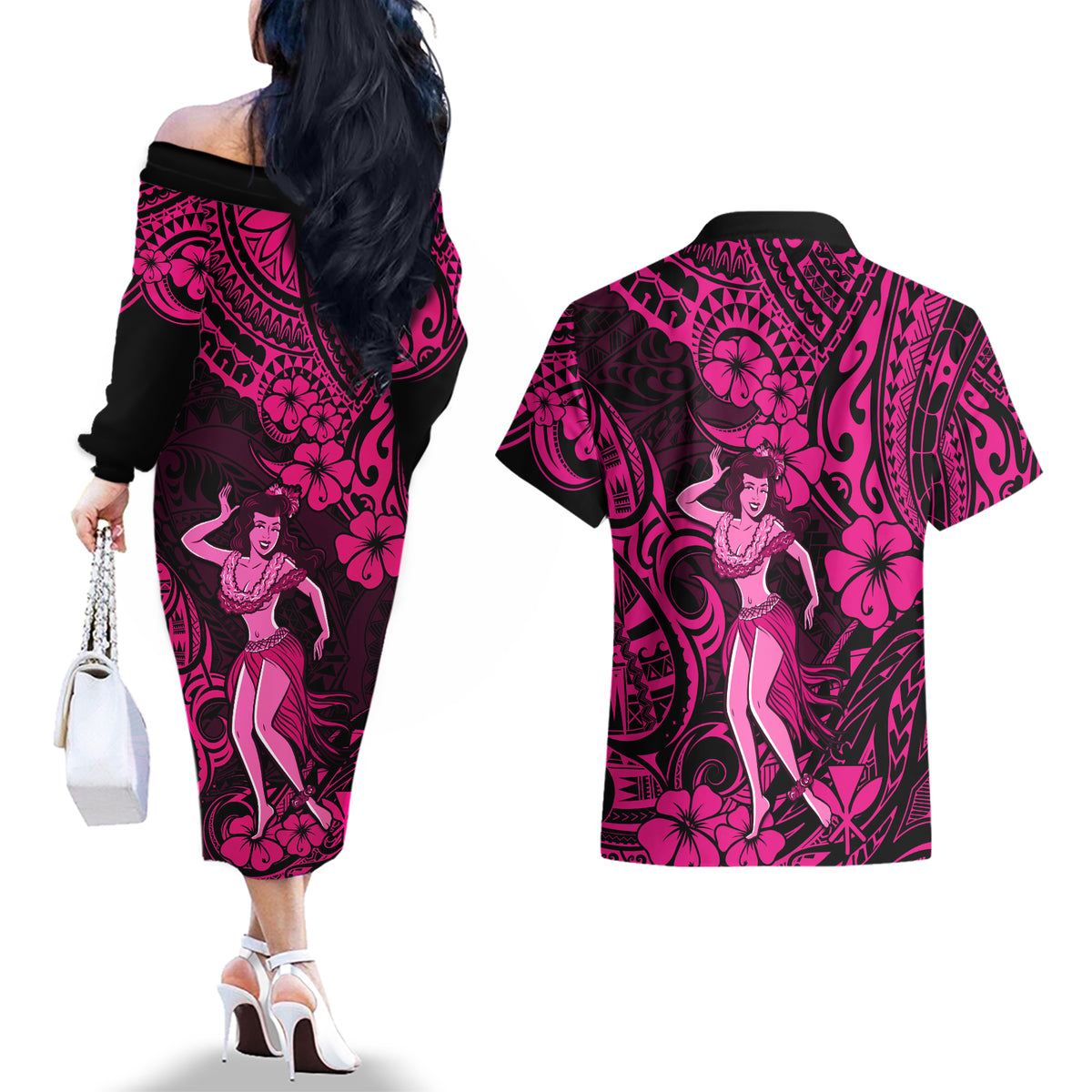 Hawaii Hula Girl Couples Matching Off The Shoulder Long Sleeve Dress and Hawaiian Shirt Polynesian Pattern Pink Version LT01 - Polynesian Pride