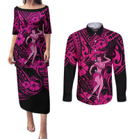 Hawaii Hula Girl Couples Matching Puletasi Dress and Long Sleeve Button Shirts Polynesian Pattern Pink Version LT01 Pink - Polynesian Pride