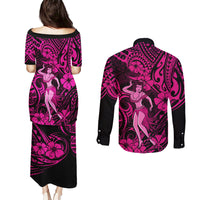 Hawaii Hula Girl Couples Matching Puletasi Dress and Long Sleeve Button Shirts Polynesian Pattern Pink Version LT01 - Polynesian Pride