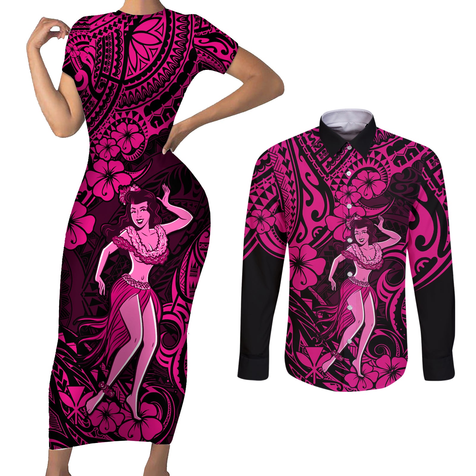 Hawaii Hula Girl Couples Matching Short Sleeve Bodycon Dress and Long Sleeve Button Shirts Polynesian Pattern Pink Version LT01 Pink - Polynesian Pride