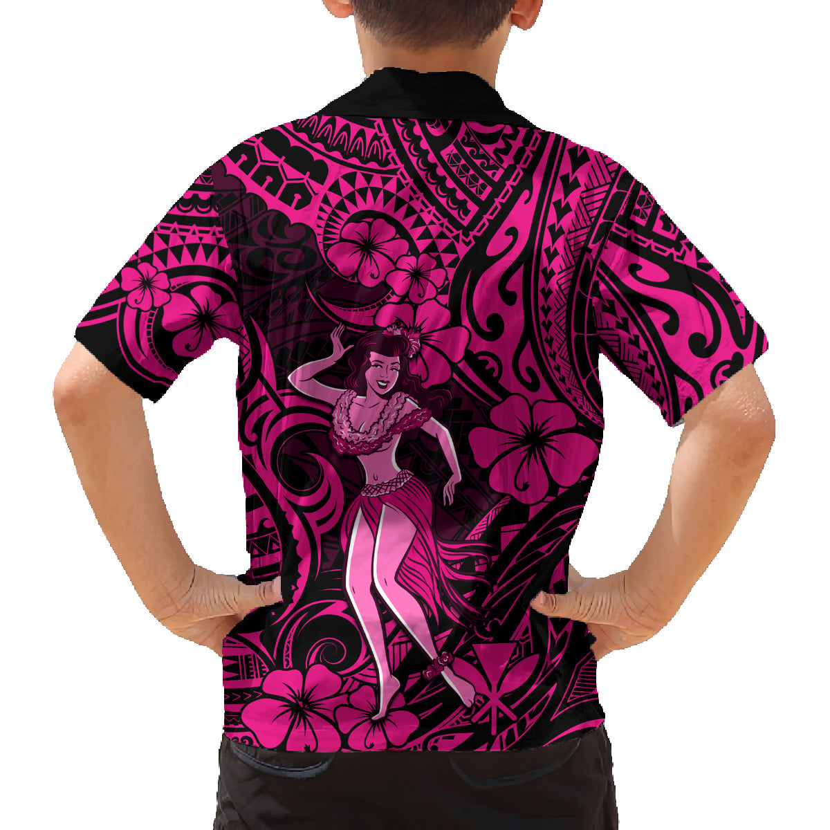 Hawaii Hula Girl Family Matching Long Sleeve Bodycon Dress and Hawaiian Shirt Polynesian Pattern Pink Version LT01 - Polynesian Pride