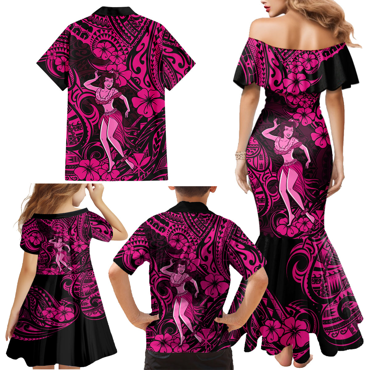 Hawaii Hula Girl Family Matching Mermaid Dress and Hawaiian Shirt Polynesian Pattern Pink Version LT01 - Polynesian Pride