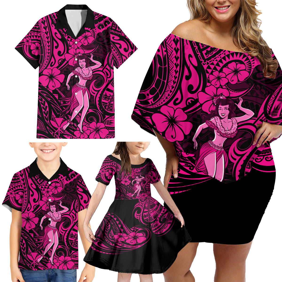 Hawaii Hula Girl Family Matching Off Shoulder Short Dress and Hawaiian Shirt Polynesian Pattern Pink Version LT01 - Polynesian Pride