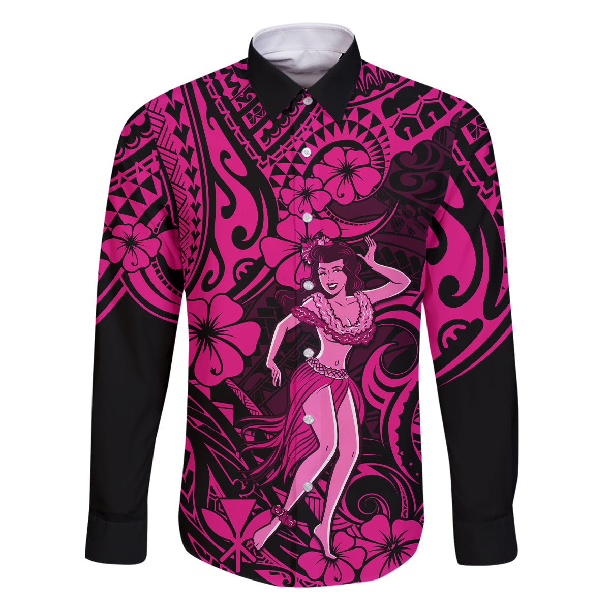 Hawaii Hula Girl Family Matching Off Shoulder Short Dress and Hawaiian Shirt Polynesian Pattern Pink Version LT01 Dad's Shirt - Long Sleeve Pink - Polynesian Pride