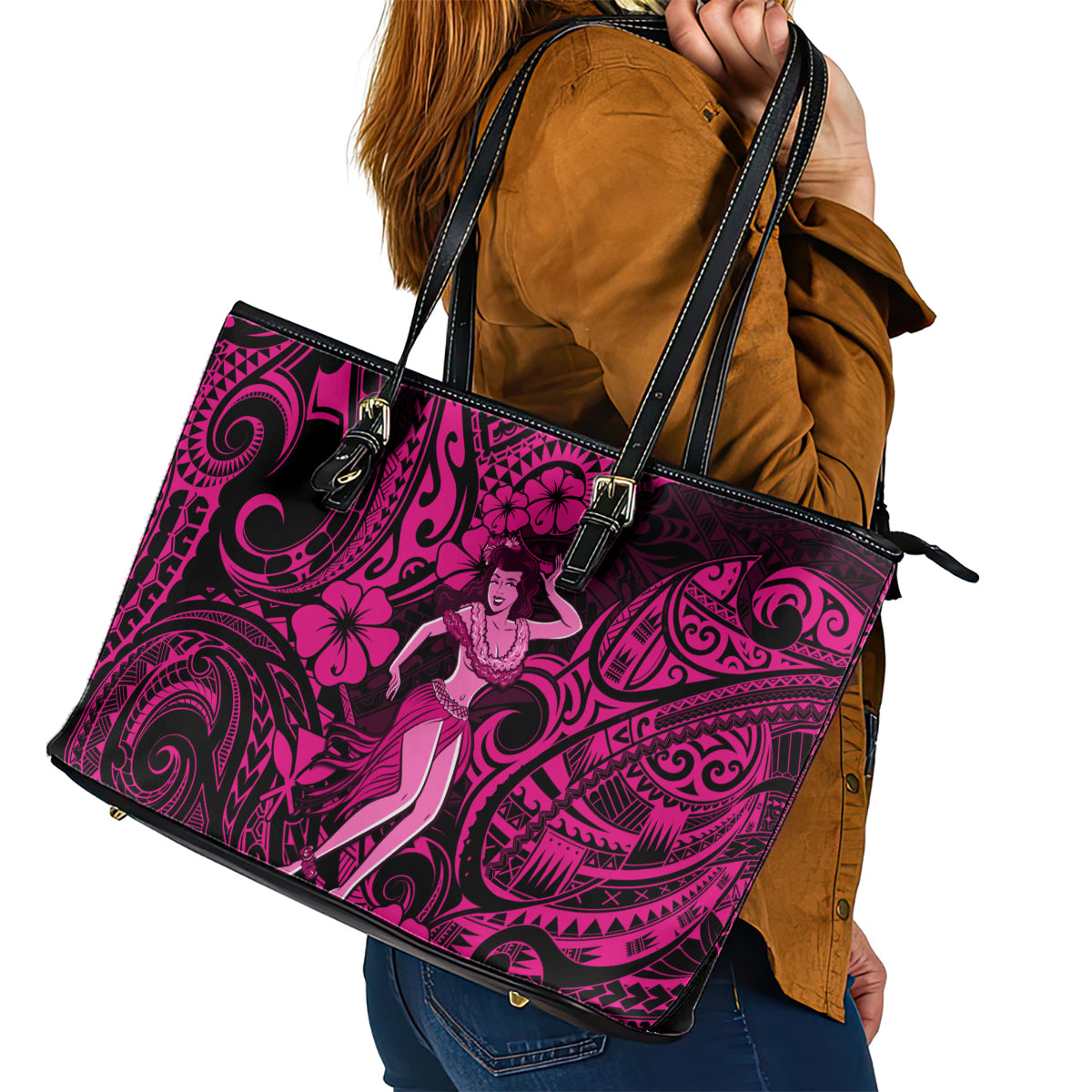 Hawaii Hula Girl Leather Tote Bag Polynesian Pattern Pink Version LT01 - Polynesian Pride