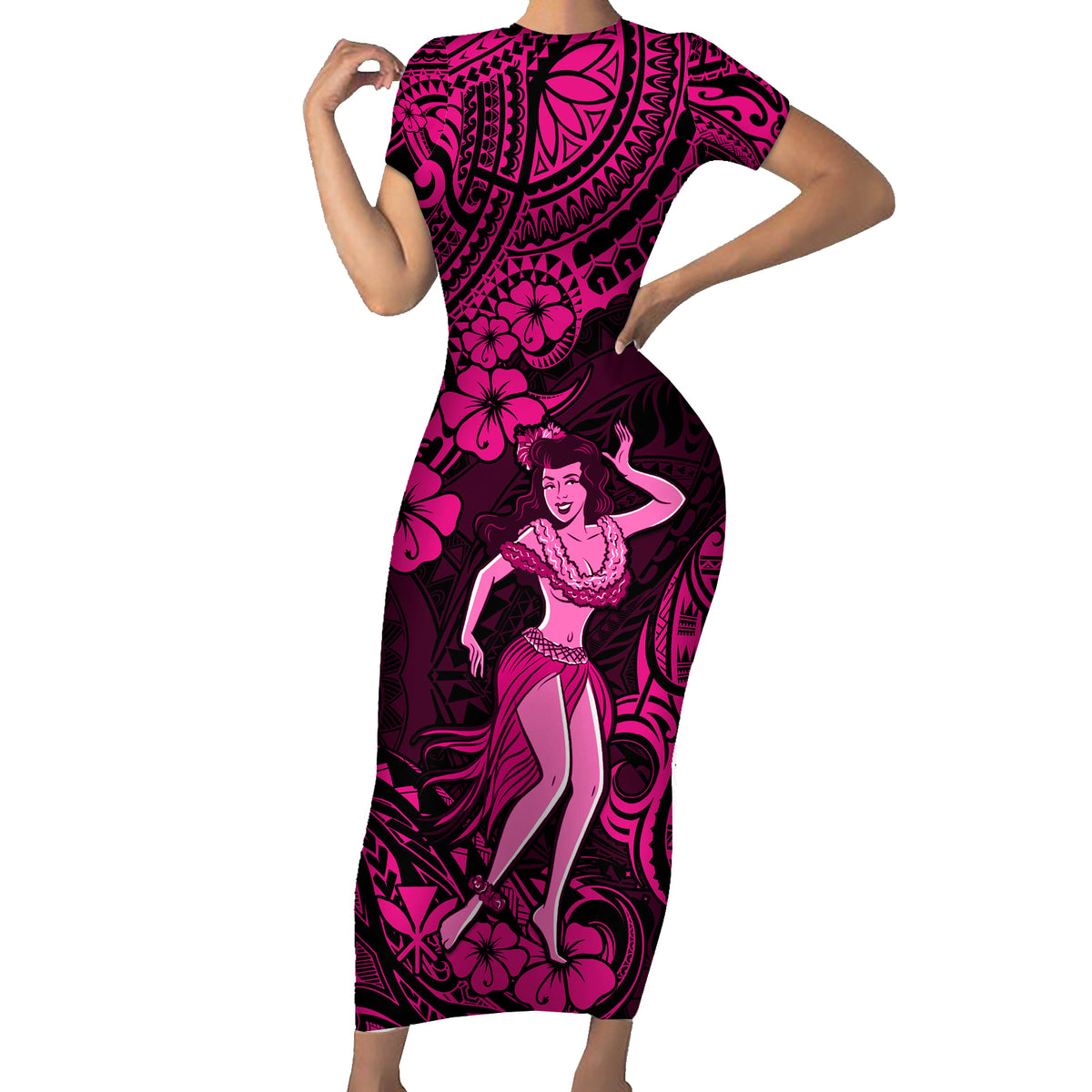 Hawaii Hula Girl Short Sleeve Bodycon Dress Polynesian Pattern Pink Version LT01 Long Dress Pink - Polynesian Pride
