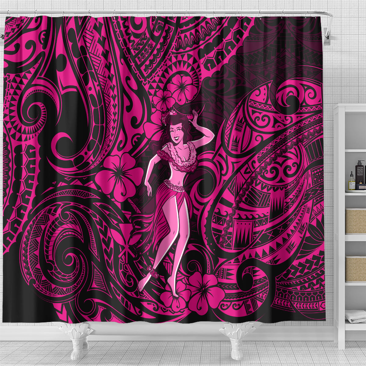 Hawaii Hula Girl Shower Curtain Polynesian Pattern Pink Version LT01 - Polynesian Pride