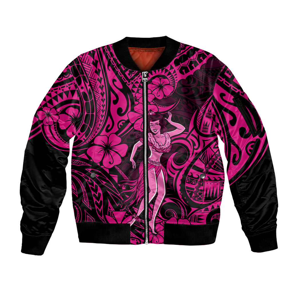 Hawaii Hula Girl Sleeve Zip Bomber Jacket Polynesian Pattern Pink Version LT01 Unisex Pink - Polynesian Pride