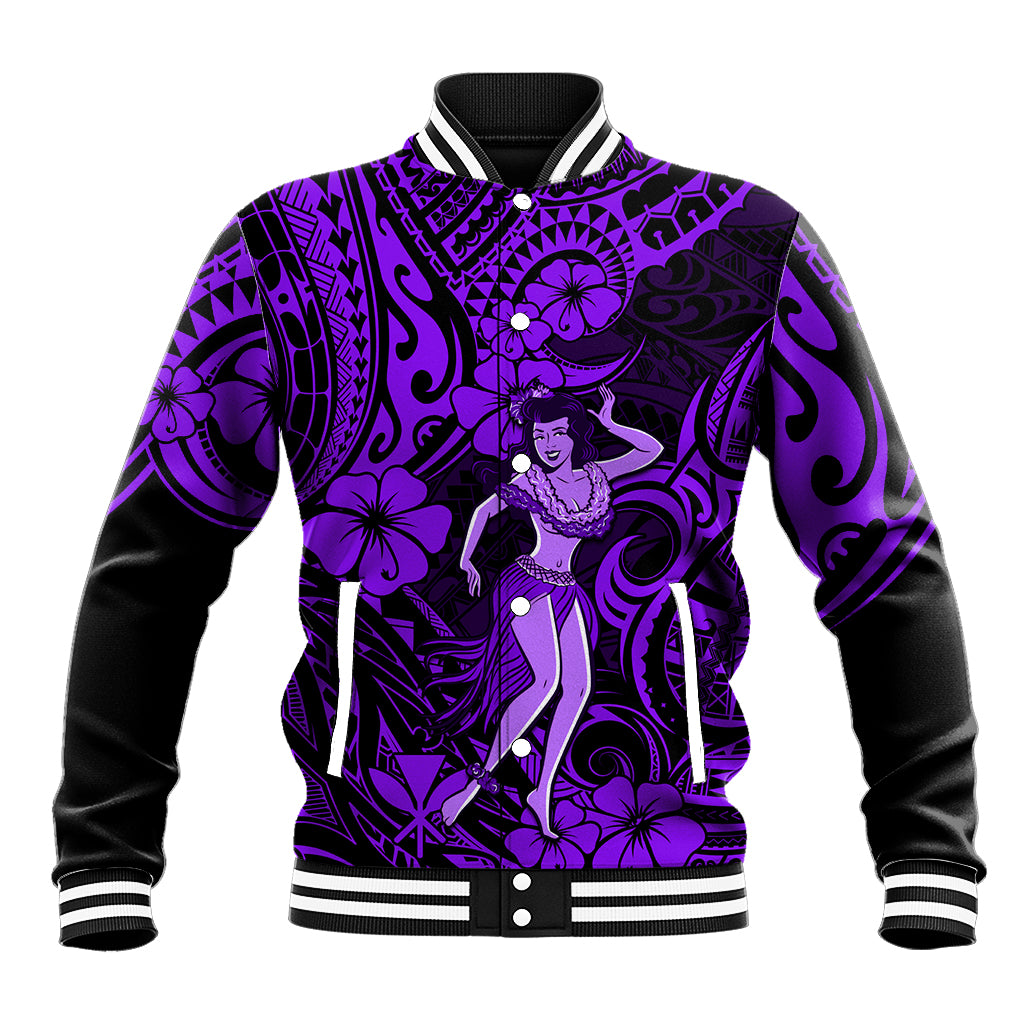 Hawaii Hula Girl Baseball Jacket Hibiscus Hawaii Tribal Tattoo Purple Version LT01 Unisex Purple - Polynesian Pride