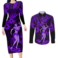 Hawaii Hula Girl Couples Matching Long Sleeve Bodycon Dress and Long Sleeve Button Shirts Hibiscus Hawaii Tribal Tattoo Purple Version LT01 Purple - Polynesian Pride