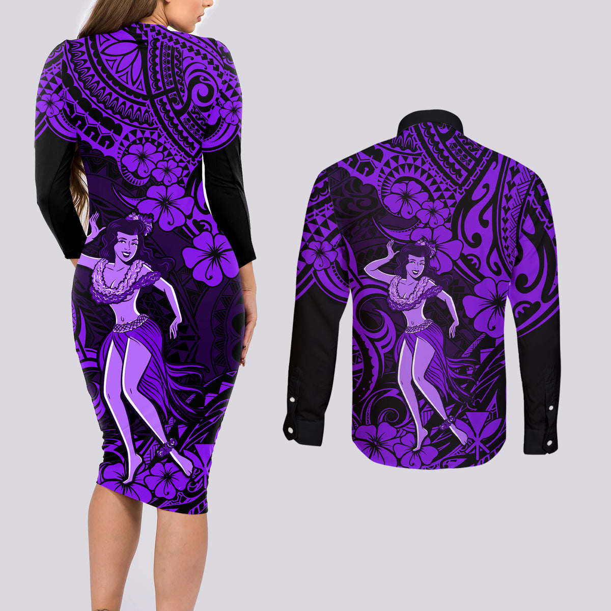 Hawaii Hula Girl Couples Matching Long Sleeve Bodycon Dress and Long Sleeve Button Shirts Hibiscus Hawaii Tribal Tattoo Purple Version LT01 - Polynesian Pride