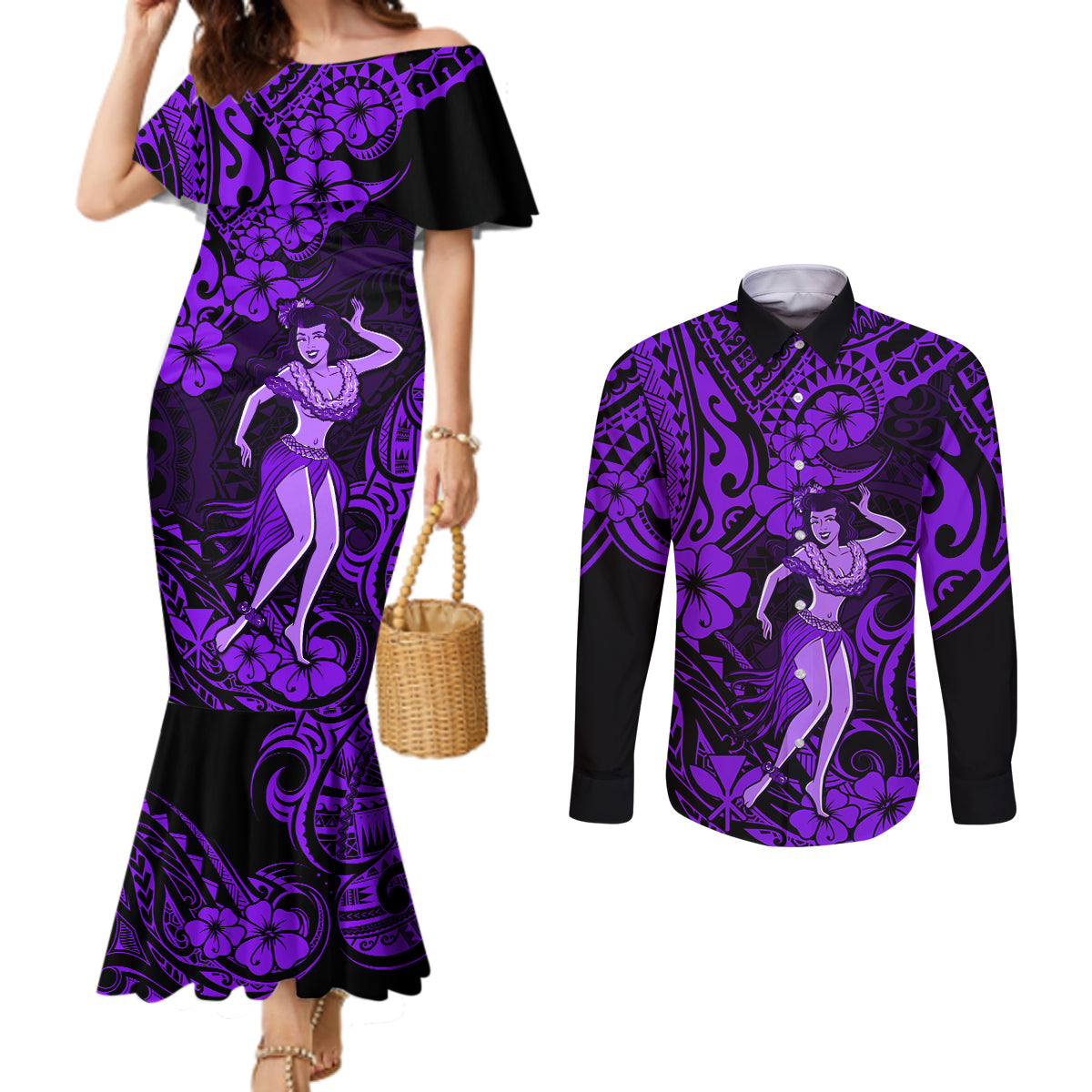 Hawaii Hula Girl Couples Matching Mermaid Dress and Long Sleeve Button Shirts Hibiscus Hawaii Tribal Tattoo Purple Version LT01 Purple - Polynesian Pride