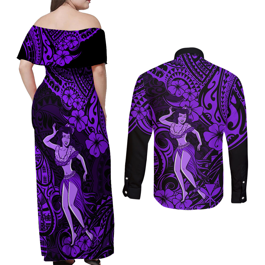 Hawaii Hula Girl Couples Matching Off Shoulder Maxi Dress and Long Sleeve Button Shirts Hibiscus Hawaii Tribal Tattoo Purple Version LT01 - Polynesian Pride
