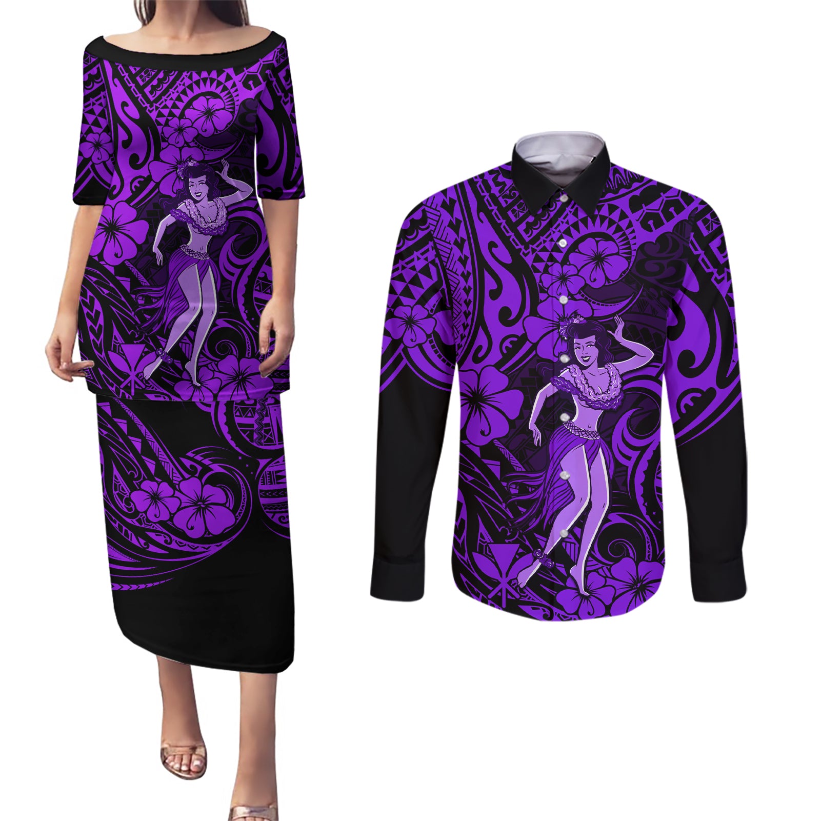 Hawaii Hula Girl Couples Matching Puletasi Dress and Long Sleeve Button Shirts Hibiscus Hawaii Tribal Tattoo Purple Version LT01 Purple - Polynesian Pride