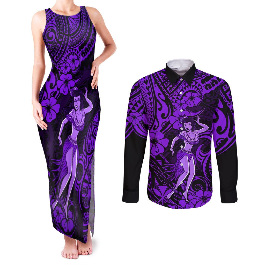 Hawaii Hula Girl Couples Matching Tank Maxi Dress and Long Sleeve Button Shirts Hibiscus Hawaii Tribal Tattoo Purple Version LT01 Purple - Polynesian Pride