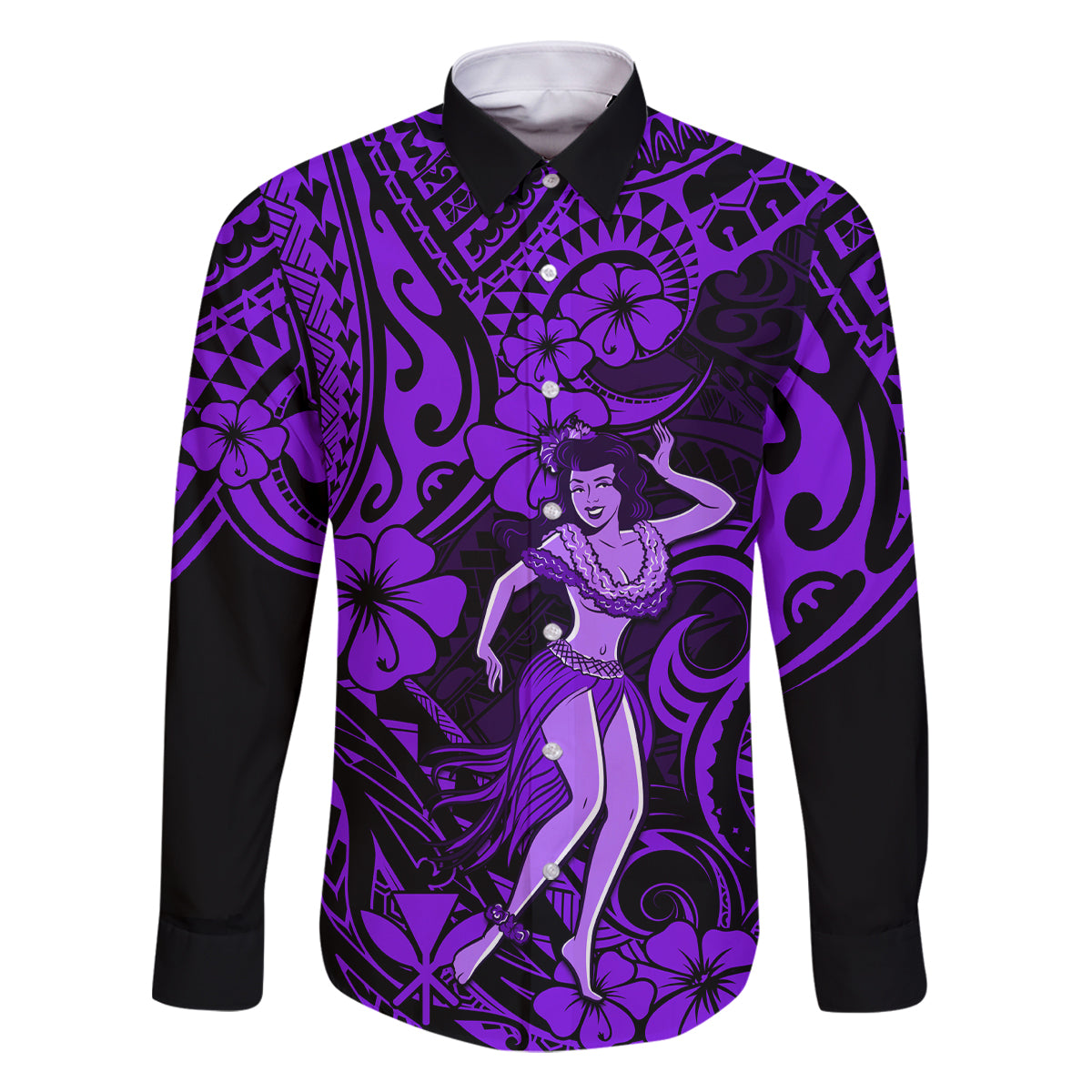 Hawaii Hula Girl Family Matching Off Shoulder Long Sleeve Dress and Hawaiian Shirt Hibiscus Hawaii Tribal Tattoo Purple Version LT01 Dad's Shirt - Long Sleeve Purple - Polynesian Pride