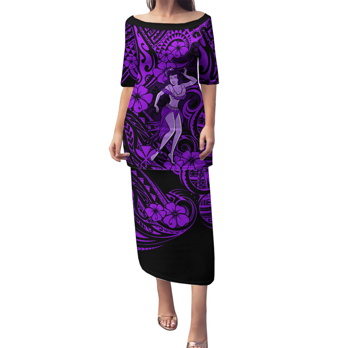 Hawaii Hula Girl Family Matching Puletasi Dress and Hawaiian Shirt Hibiscus Hawaii Tribal Tattoo Purple Version LT01 Mom's Dress Purple - Polynesian Pride