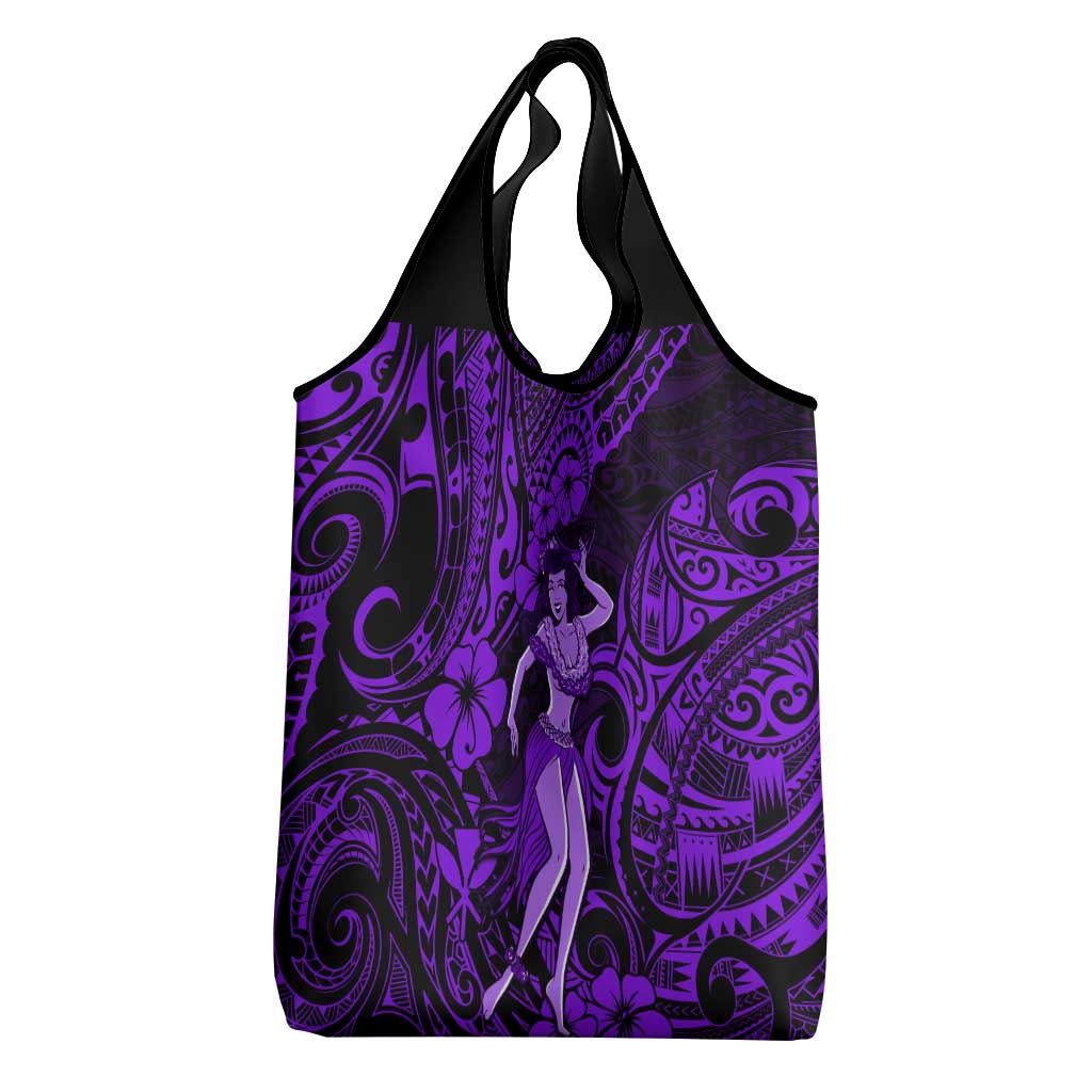 Hawaii Hula Girl Grocery Bag Hibiscus Hawaii Tribal Tattoo Purple Version
