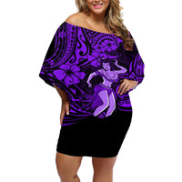 Hawaii Hula Girl Off Shoulder Short Dress Hibiscus Hawaii Tribal Tattoo Purple Version LT01 Women Purple - Polynesian Pride
