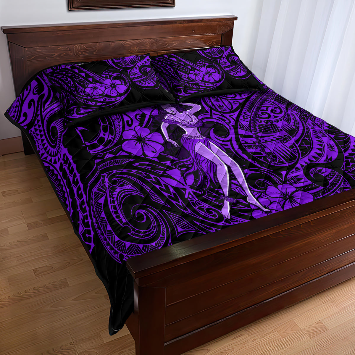 Hawaii Hula Girl Quilt Bed Set Hibiscus Hawaii Tribal Tattoo Purple Version LT01 - Polynesian Pride
