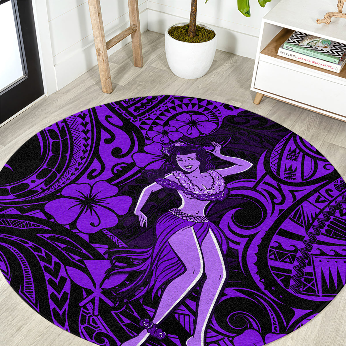 Hawaii Hula Girl Round Carpet Hibiscus Hawaii Tribal Tattoo Purple Version LT01 Purple - Polynesian Pride