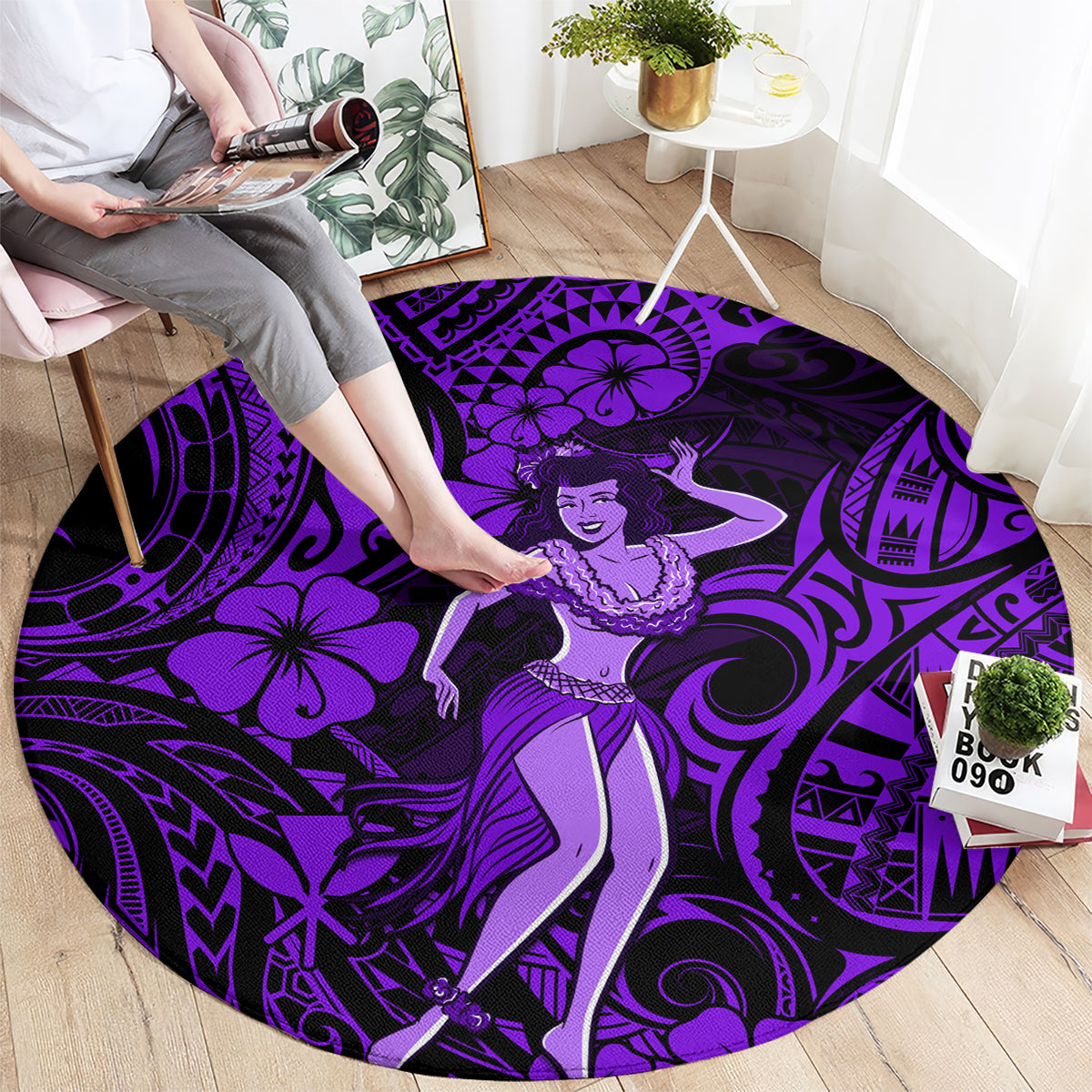 Hawaii Hula Girl Round Carpet Hibiscus Hawaii Tribal Tattoo Purple Version LT01 - Polynesian Pride