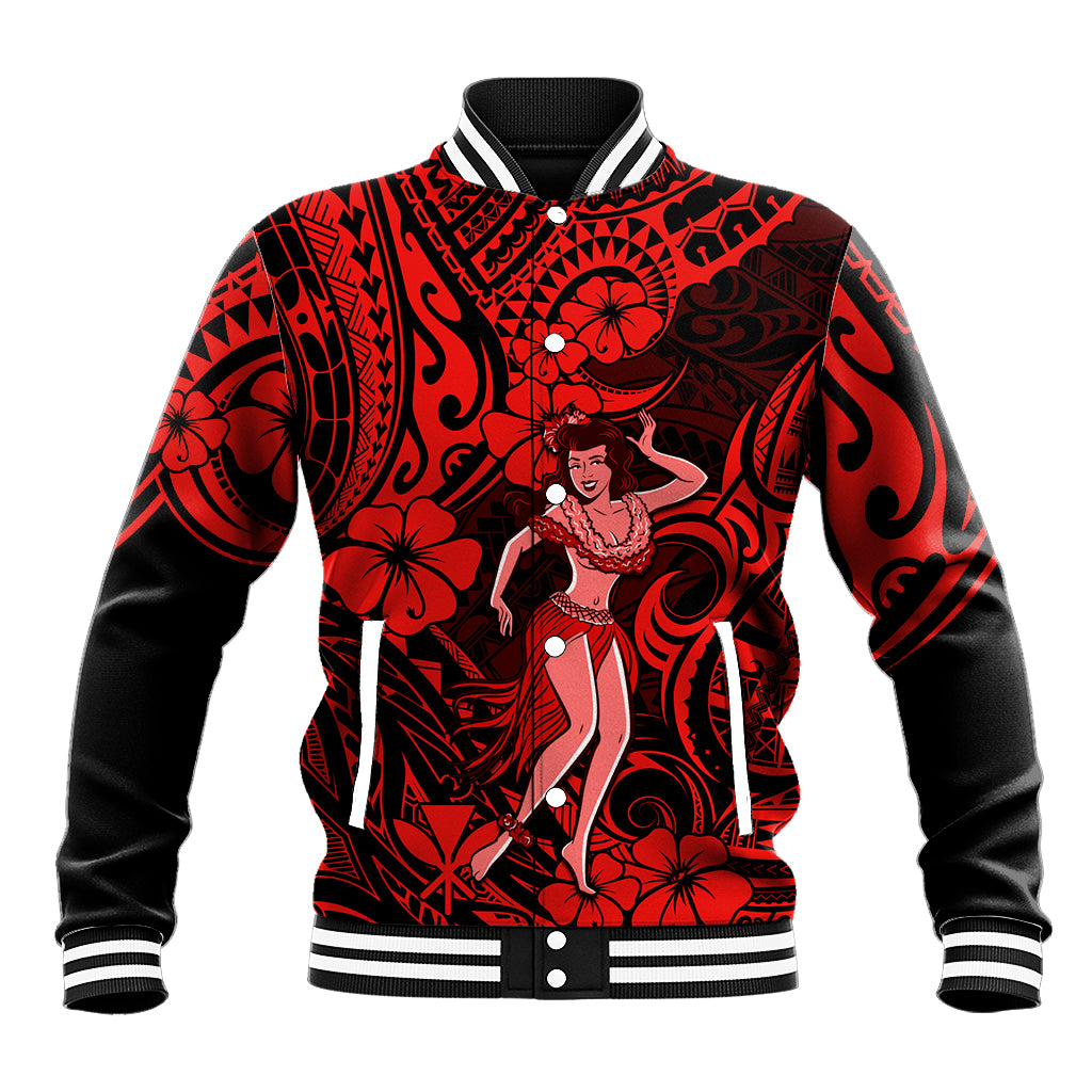 Hawaii Hula Girl Baseball Jacket Hibiscus Hawaii Tribal Tattoo Red Version LT01 Unisex Red - Polynesian Pride