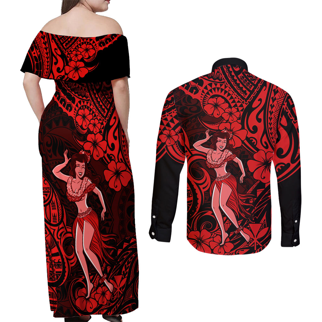 Hawaii Hula Girl Couples Matching Off Shoulder Maxi Dress and Long Sleeve Button Shirts Hibiscus Hawaii Tribal Tattoo Red Version LT01 - Polynesian Pride