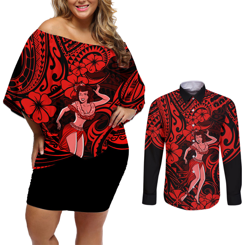 Hawaii Hula Girl Couples Matching Off Shoulder Short Dress and Long Sleeve Button Shirts Hibiscus Hawaii Tribal Tattoo Red Version LT01 Red - Polynesian Pride