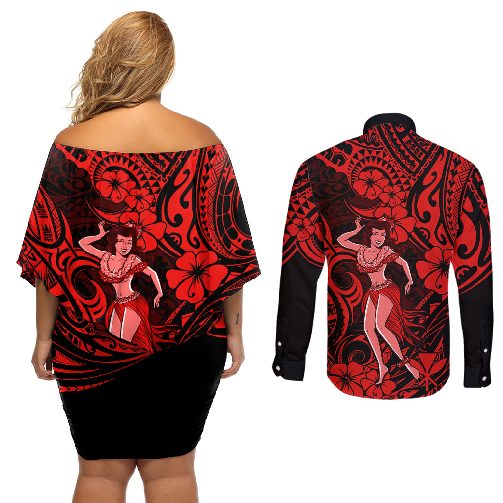 Hawaii Hula Girl Couples Matching Off Shoulder Short Dress and Long Sleeve Button Shirts Hibiscus Hawaii Tribal Tattoo Red Version LT01 - Polynesian Pride
