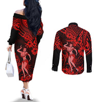 Hawaii Hula Girl Couples Matching Off The Shoulder Long Sleeve Dress and Long Sleeve Button Shirts Hibiscus Hawaii Tribal Tattoo Red Version LT01 - Polynesian Pride