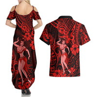 Hawaii Hula Girl Couples Matching Summer Maxi Dress and Hawaiian Shirt Hibiscus Hawaii Tribal Tattoo Red Version LT01 - Polynesian Pride