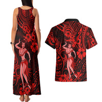 Hawaii Hula Girl Couples Matching Tank Maxi Dress and Hawaiian Shirt Hibiscus Hawaii Tribal Tattoo Red Version LT01 - Polynesian Pride